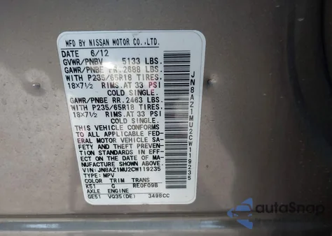 2012 Nissan Murano S z USA, uszkodzony, nr VIN JN8AZ1MU2CW119235